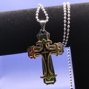 Silver and Gold Tone Cross Pendant Necklace